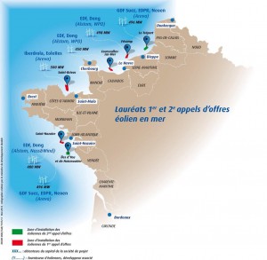 Champs éoliens offshores français à l'horizon 2023. Crédits : Ministère du développement durable.