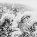 Les troupes coloniales marocaines dans la seconde bataille de la Marne, « Attaque du 1er régiment de tirailleurs marocains, le 28 juin 1918, à 5 h 5 m », dessin de Paul Renouard, WikiCommons