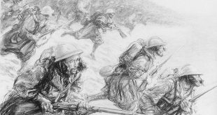 Les troupes coloniales marocaines dans la seconde bataille de la Marne, « Attaque du 1er régiment de tirailleurs marocains, le 28 juin 1918, à 5 h 5 m », dessin de Paul Renouard, WikiCommons