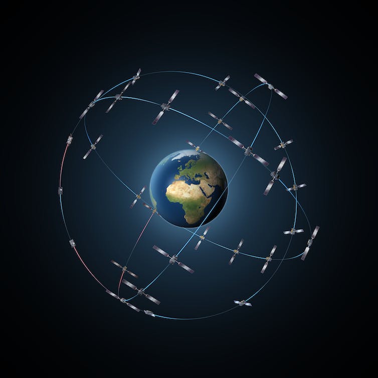vue d’artiste de la constellation de satellites Galileo autour de la terre